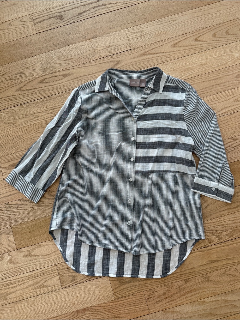 Chico's Striped Pattern Button-Up Flowy Blouse Top 1 = medium